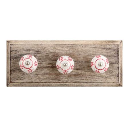 Pink Floral Crackle Ceramic Wooden Hook